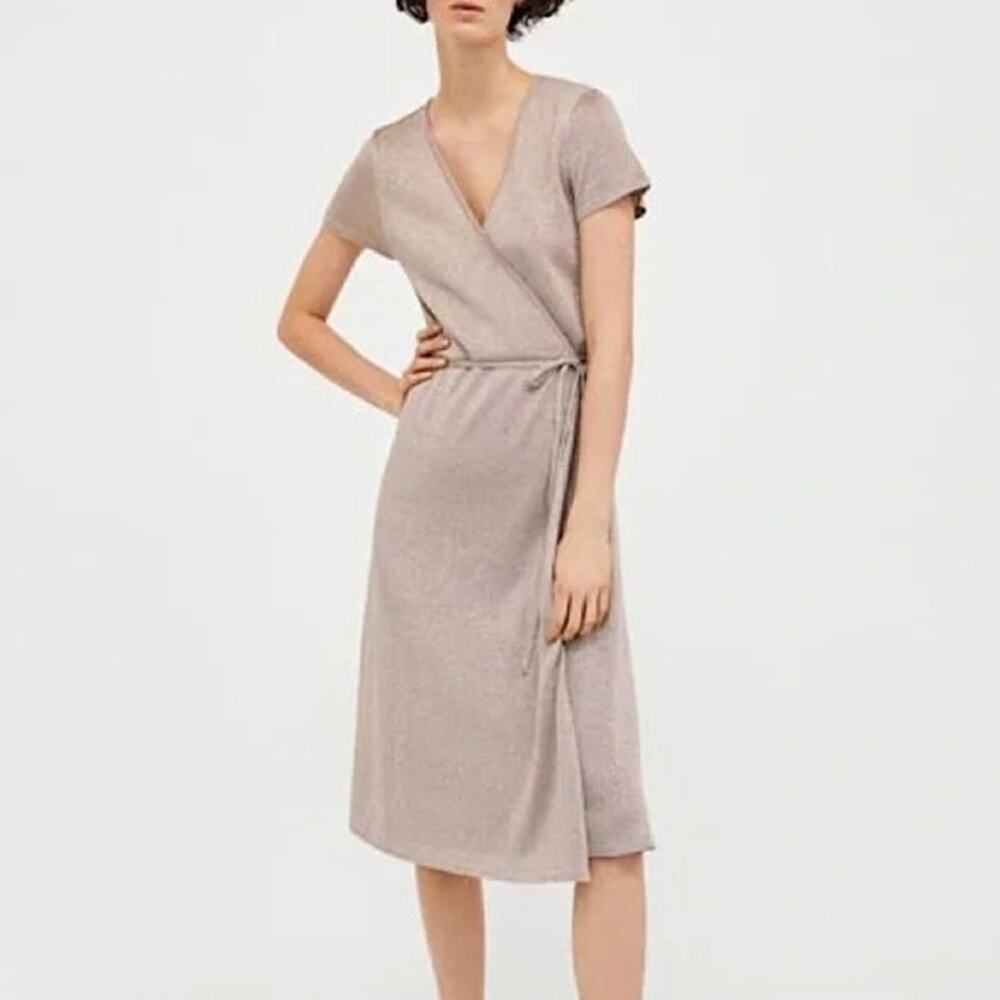 NWT Zara Sparkley Short Sleeve V Neck Knit Wrap Tie Midi Dress S Gold Champagne